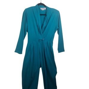 Joan Walters Teal Blue Pleated Wide Leg Jumpsuit Womens  10 wool belted vintage